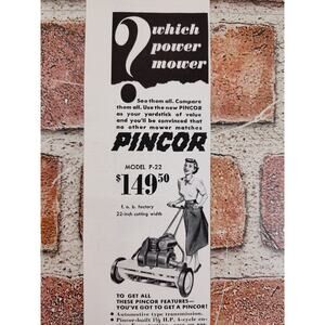 1950 Happy Housewife in Long Skirt Pushing‎ Large Power Lawn Mower Vtg Print Ad